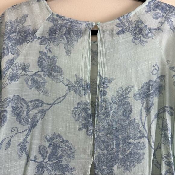 Sage Blue Floral Sheer Gauze Fairy Coquette Whimsical Top OpenBack Bell Sleeve L - Picture 5 of 7
